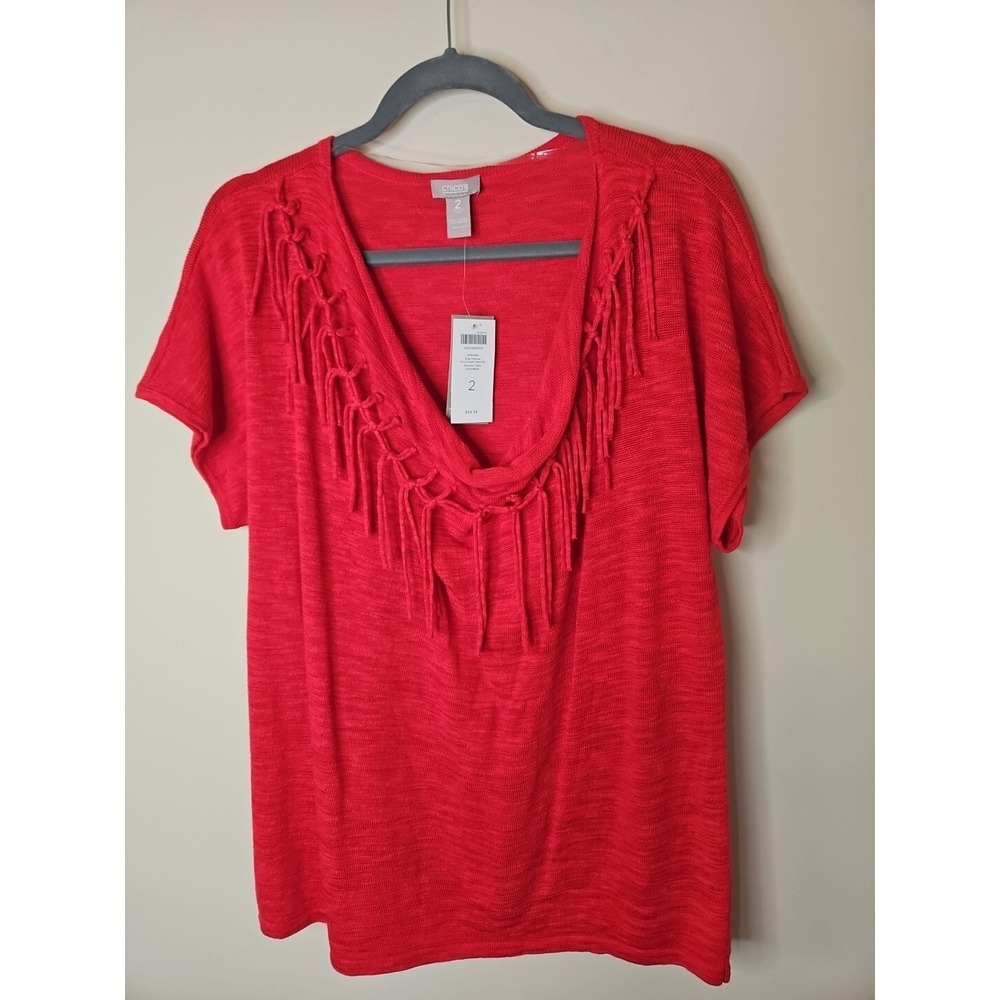 Chicos 2 Sweater L Red Fringe Elise Cotton Blend Boho Coastal Cowgirl Western